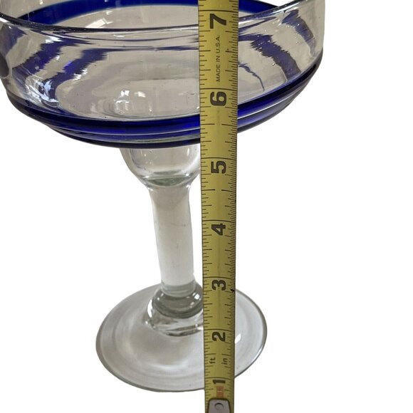 Set of 2 heavy Margarita glasses unbranded clear blue swirl hand blown 7” tall - Picture 5 of 6